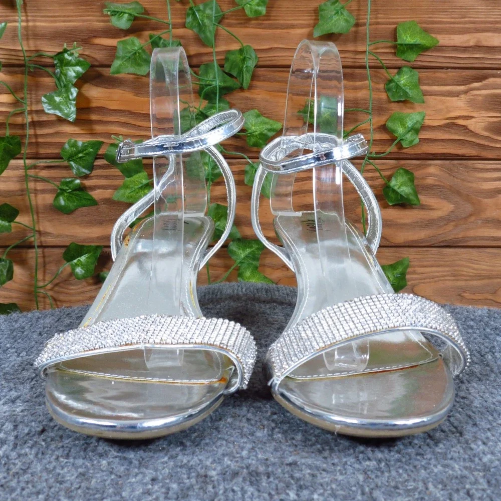 Fioni 176078 Women Strappy Sandal Sz9 Wide Formal Evening Silver Rhinestone Heel